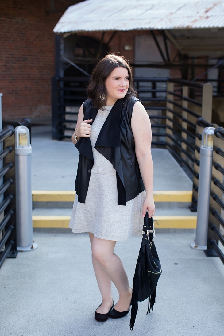 gray dress, leather vest, fringe bag, Root Collective shoes, Nickel and Suede earrings (4)