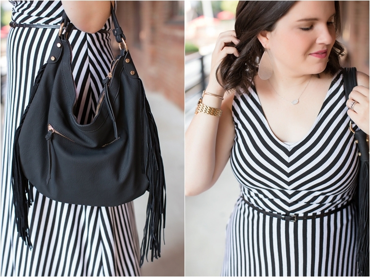 Striped maxi dress, black fringe bag - Maternity / Pregnancy Style (3)