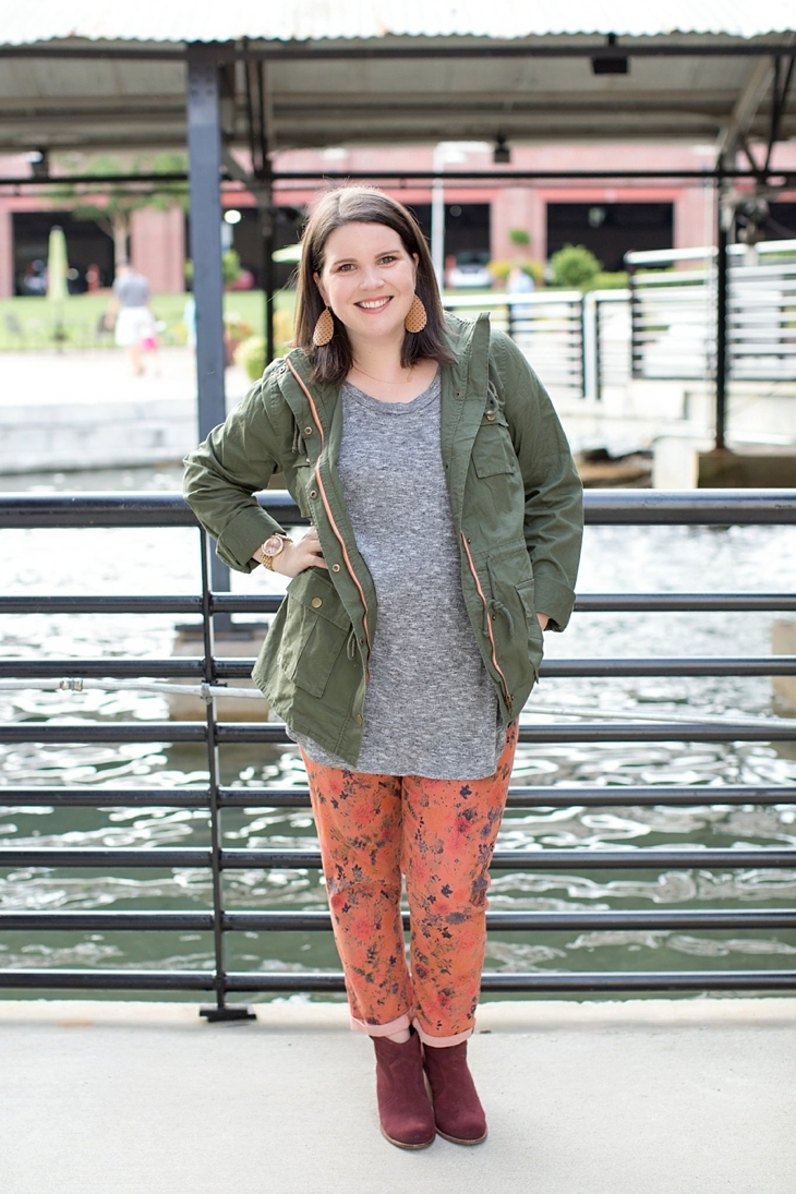 Printed denim, booties, and cargo jacket | Maternity Fashion & Style