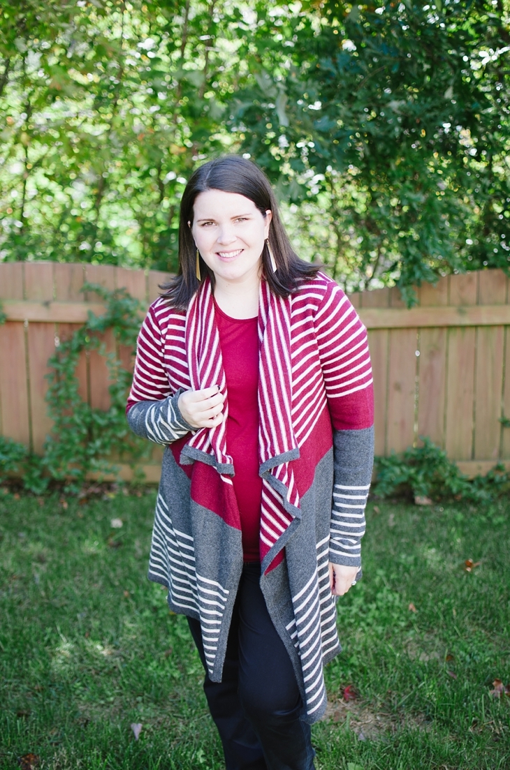 Stitch Fix Loveappella Maternity "Shanna Lace Detail Maternity Knit Top" and Mystree "Chamberlin Striped Drape Front Cardigan"