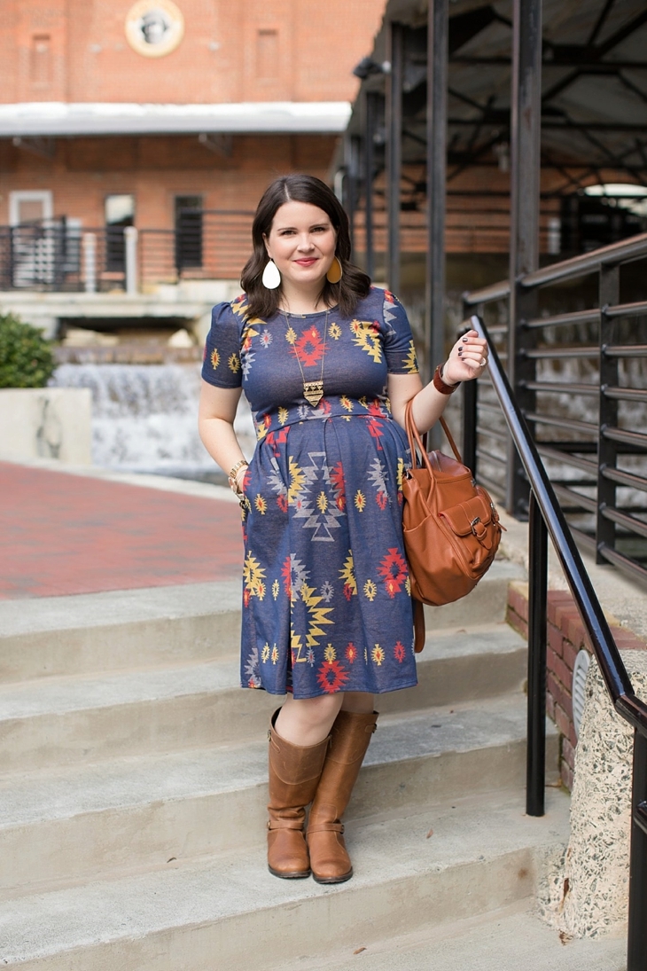 LulaRoe Aztec Amelia dress, Duo boots, Lily Jade bag, Nickel and Suede earrings, Fall, Maternity, Fashion (1)