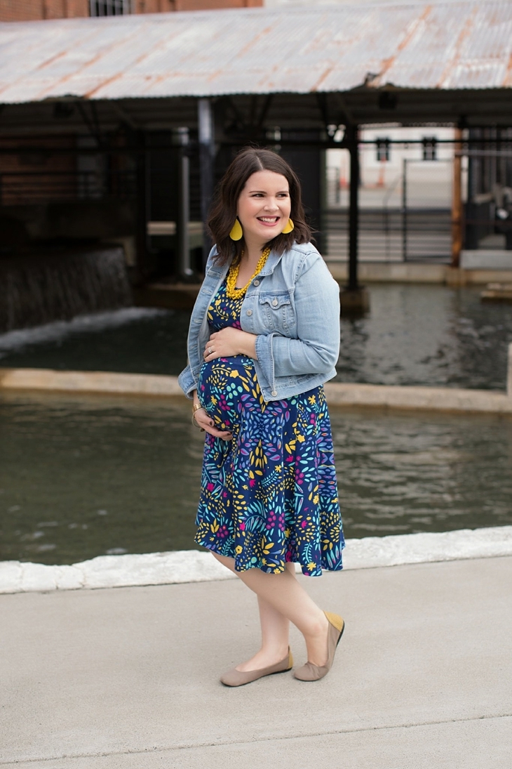 LulaRoe floral Nicole dress, denim jacket, yellow accessories, Nickel and Suede earrings, Root Collective shoes, maternity, fall, fashion (2)