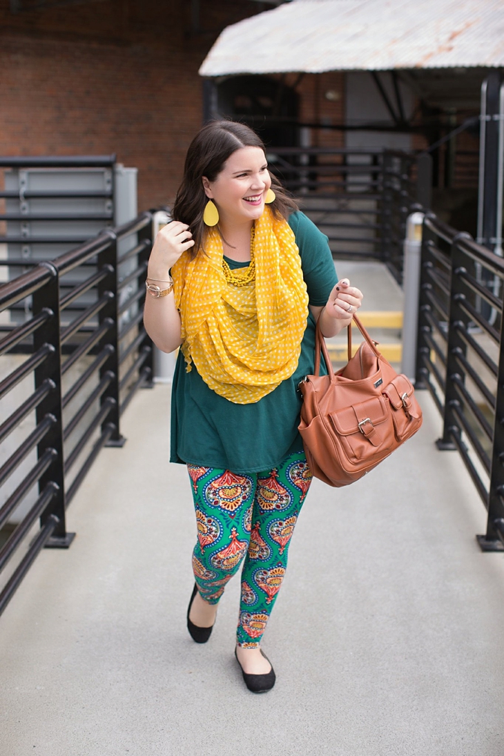 LulaRoe Printed Green & Yellow Leggings, LulaRoe Green Perfect Tee, yellow accessories, Lily Jade bag, Root Collective Flats | Fall Maternity Style (6)