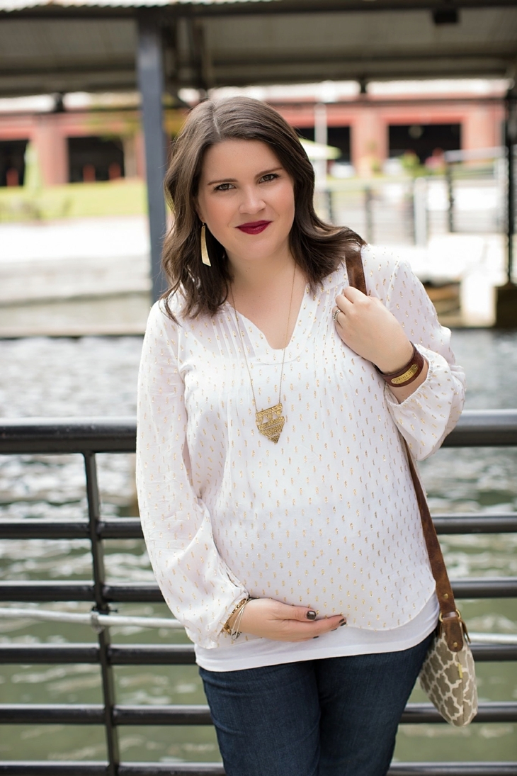 Maternity flare jeans, booties, JOYN bag, Lilly Pulitzer gold and white blouse, Nickel and Suede gold earrings, maternity fashion, style (2)