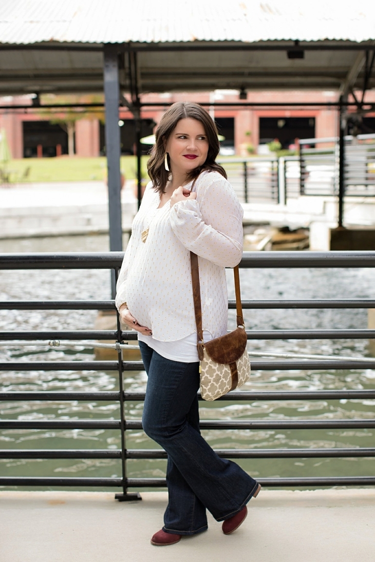 Maternity flare jeans, booties, JOYN bag, Lilly Pulitzer gold and white blouse, Nickel and Suede gold earrings, maternity fashion, style (3)