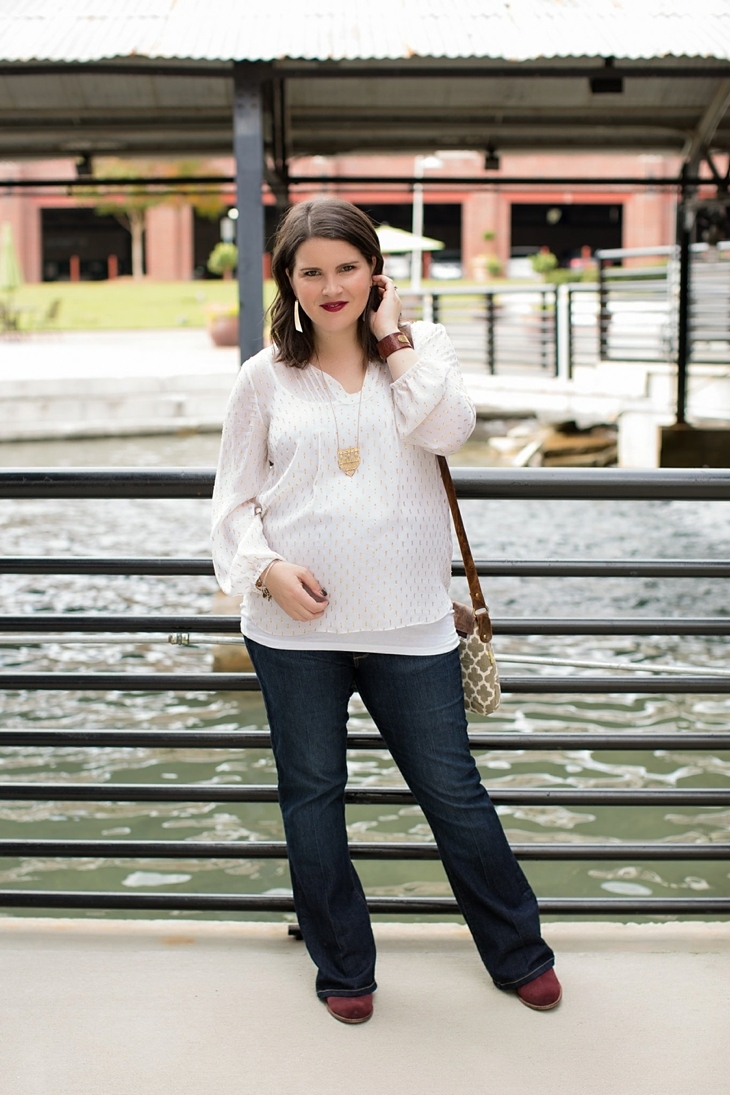 Maternity flare jeans, booties, JOYN bag, Lilly Pulitzer gold and white blouse, Nickel and Suede gold earrings, maternity fashion, style (6)