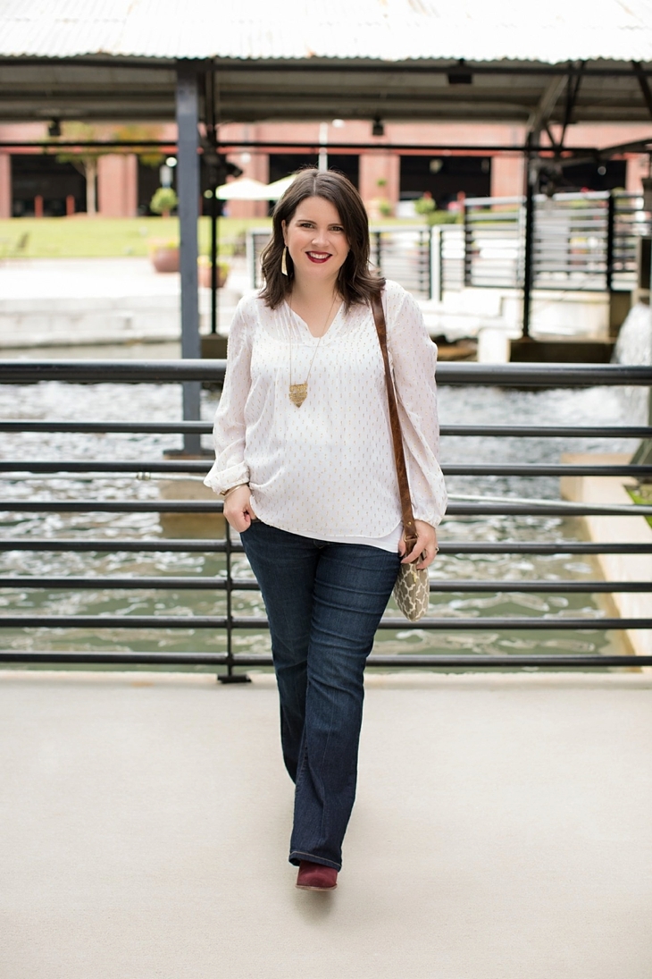 Maternity flare jeans, booties, JOYN bag, Lilly Pulitzer gold and white blouse, Nickel and Suede gold earrings, maternity fashion, style (9)