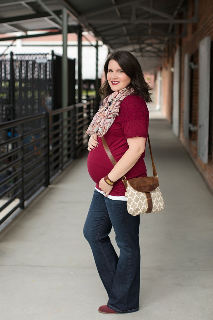 Maternity flare jeans, booties, JOYN bag, scarf, Nickel and Suede marsala earrings, maternity fashion, style (1)