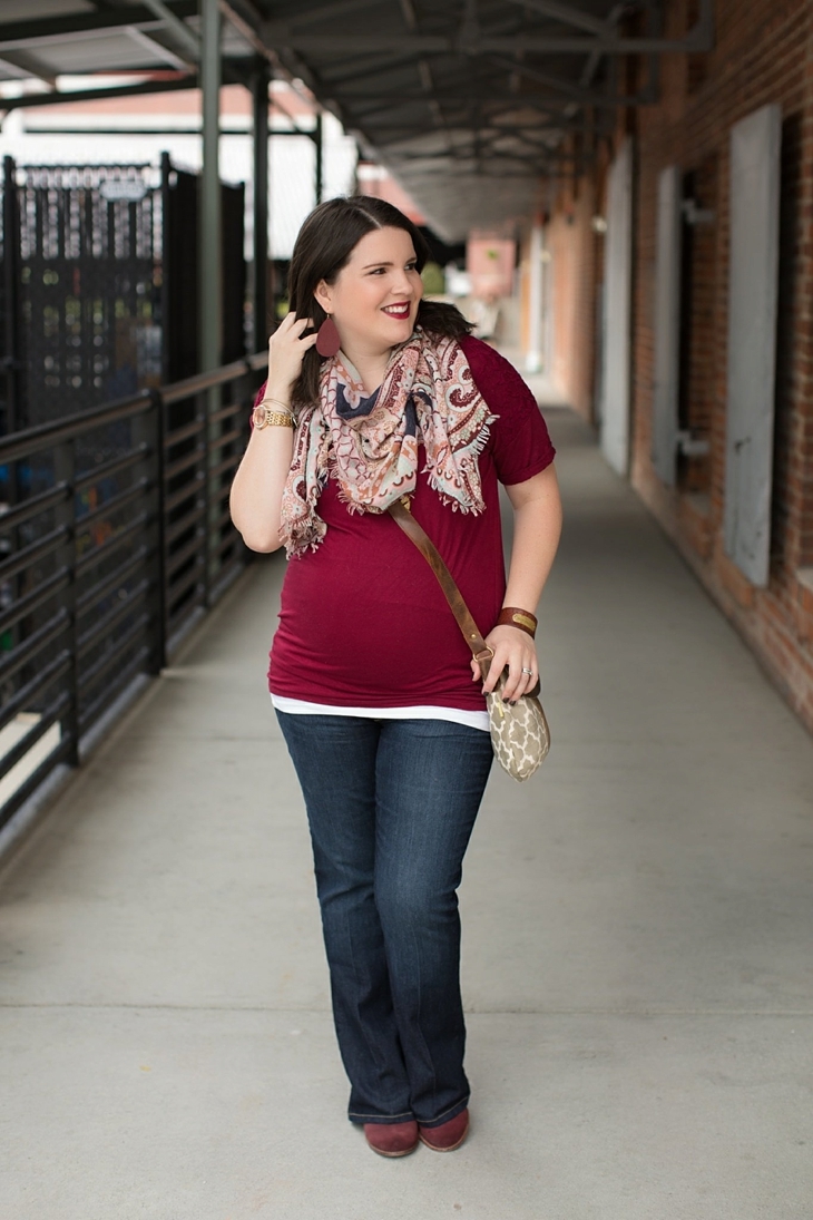 Maternity flare jeans, booties, JOYN bag, scarf, Nickel and Suede marsala earrings, maternity fashion, style (2)