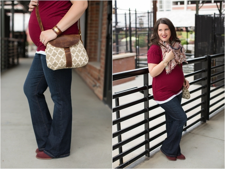Maternity flare jeans, booties, JOYN bag, scarf, Nickel and Suede marsala earrings, maternity fashion, style (6)