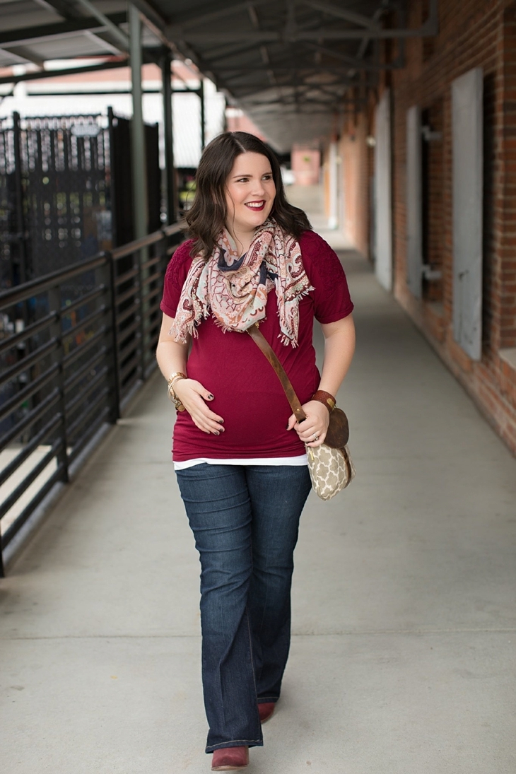 Maternity flare jeans, booties, JOYN bag, scarf, Nickel and Suede marsala earrings, maternity fashion, style (7)