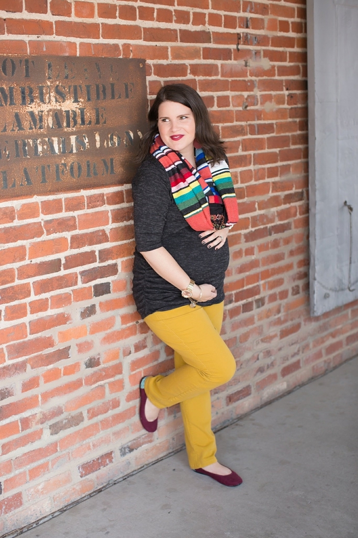 mustard denim, Root Collective flats, Stitch Fix liverpool knit top, Just Dawnelle serape scarf, Nickel and Suede Marsala earrings, maternity fashion (5)