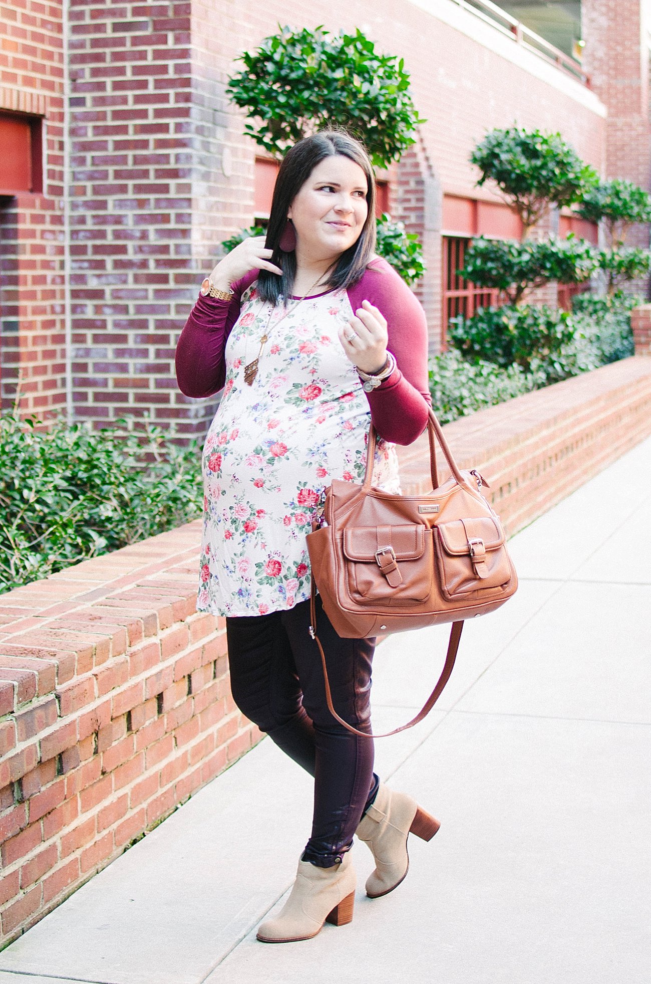 Pinkblush Maternity floral baseball style tunic, coated denim, Lily Jade bag - Maternity Style