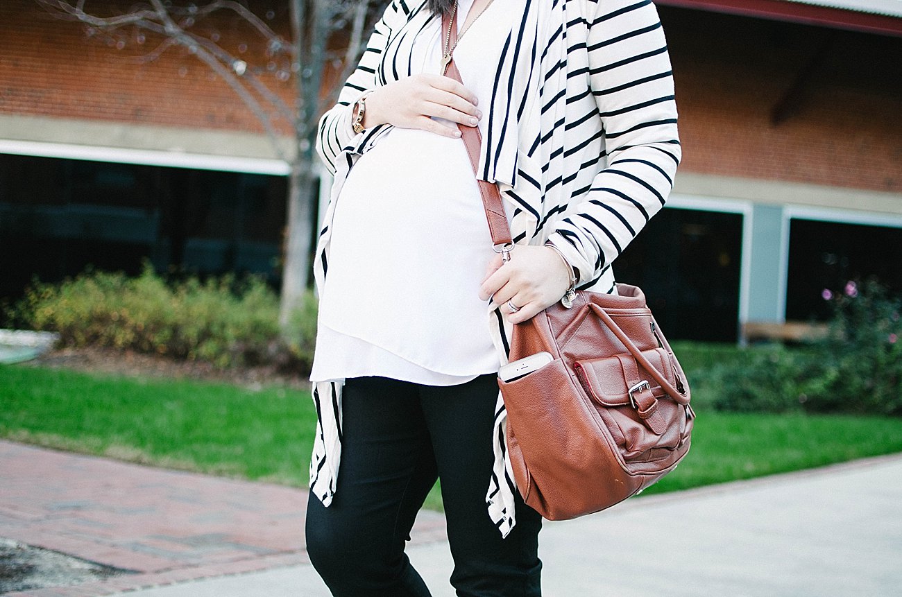 Pinkblush Maternity striped cardigan, James Jeans coated skinny jean, booties, Lily Jade diaper bag - Maternity Style
