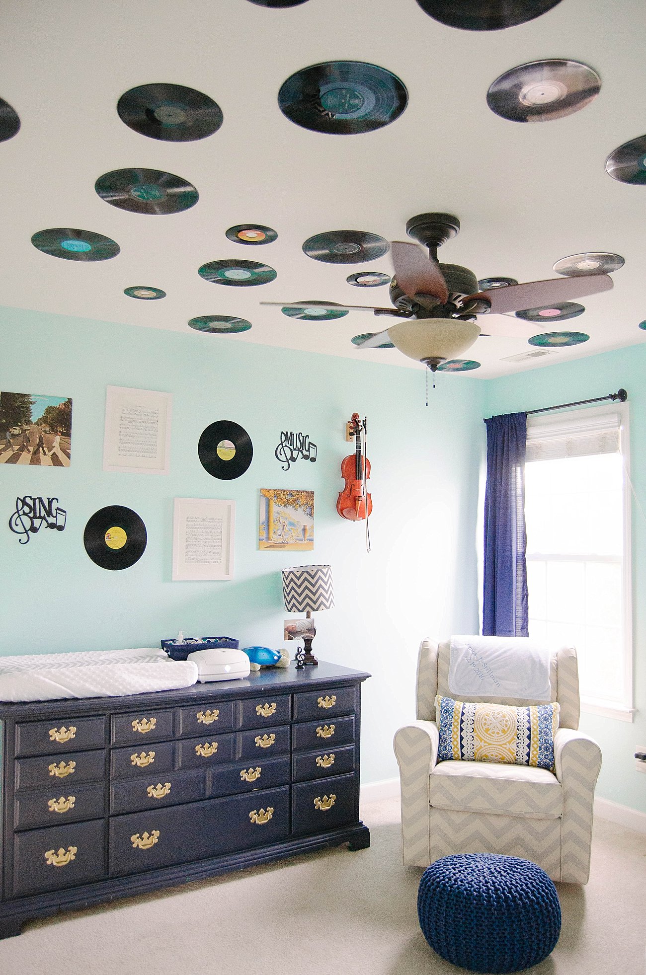 Gender Neutral Music / Record Themed / Navy, Teal, Grey Chevron and Stripe Nursery (23)