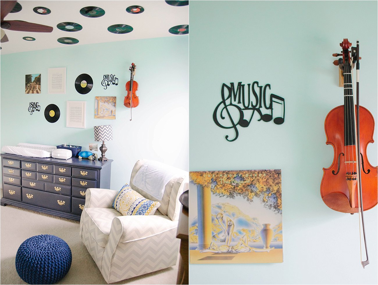 Gender Neutral Music / Record Themed / Navy, Teal, Grey Chevron and Stripe Nursery (25)