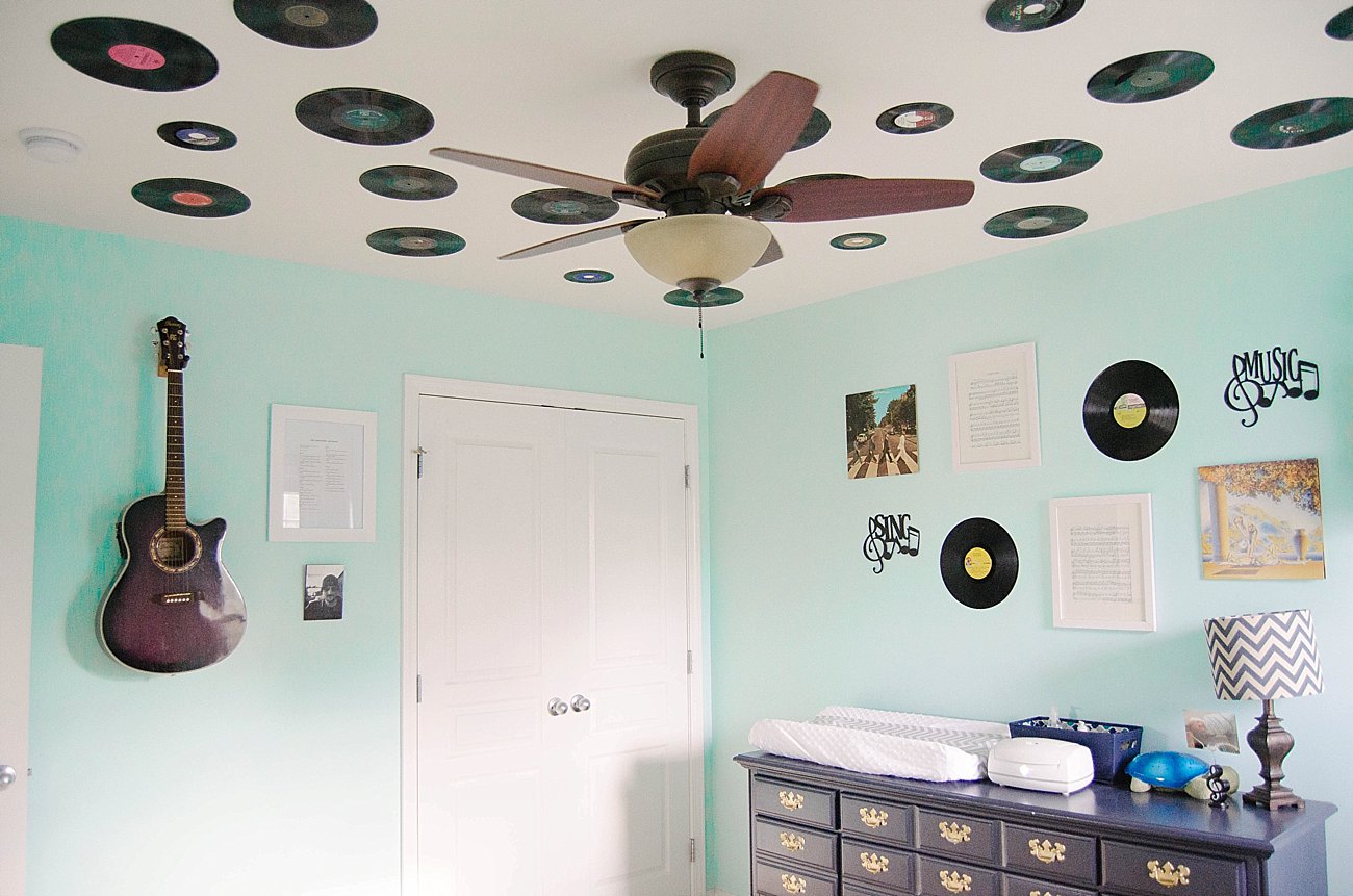 Gender Neutral Music / Record Themed / Navy, Teal, Grey Chevron and Stripe Nursery (26)