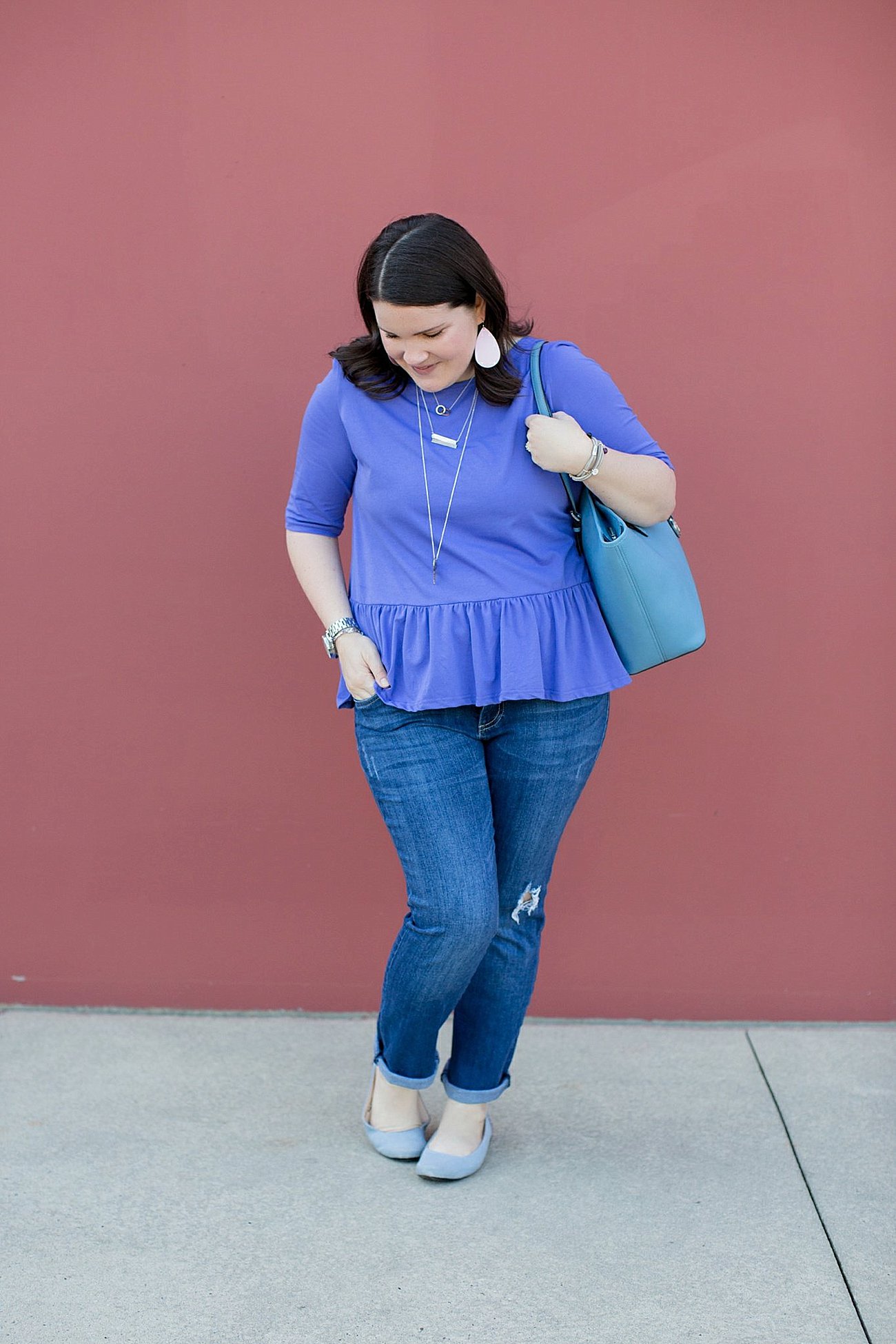 Elegantees Rebecca Top, The Flourish Market, Kut from the Kloth Kate Distressed Boyfriend Jean, The Root Collective Gaby Ballet Flat, Nickel and Suede earrings, Michael Kors tote | Mom Style | North Carolina Fashion & Style Blogger (8) (2)