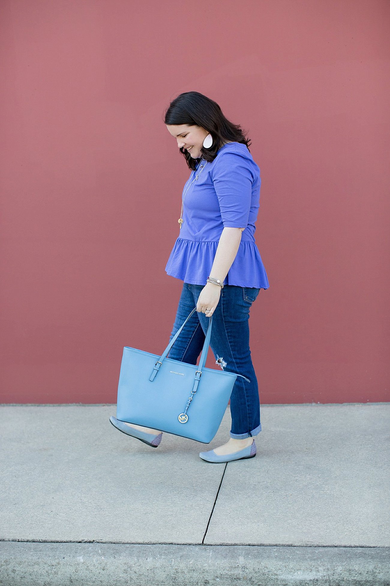 Elegantees Rebecca Top, The Flourish Market, Kut from the Kloth Kate Distressed Boyfriend Jean, The Root Collective Gaby Ballet Flat, Nickel and Suede earrings, Michael Kors tote | Mom Style | North Carolina Fashion & Style Blogger (8) (4)