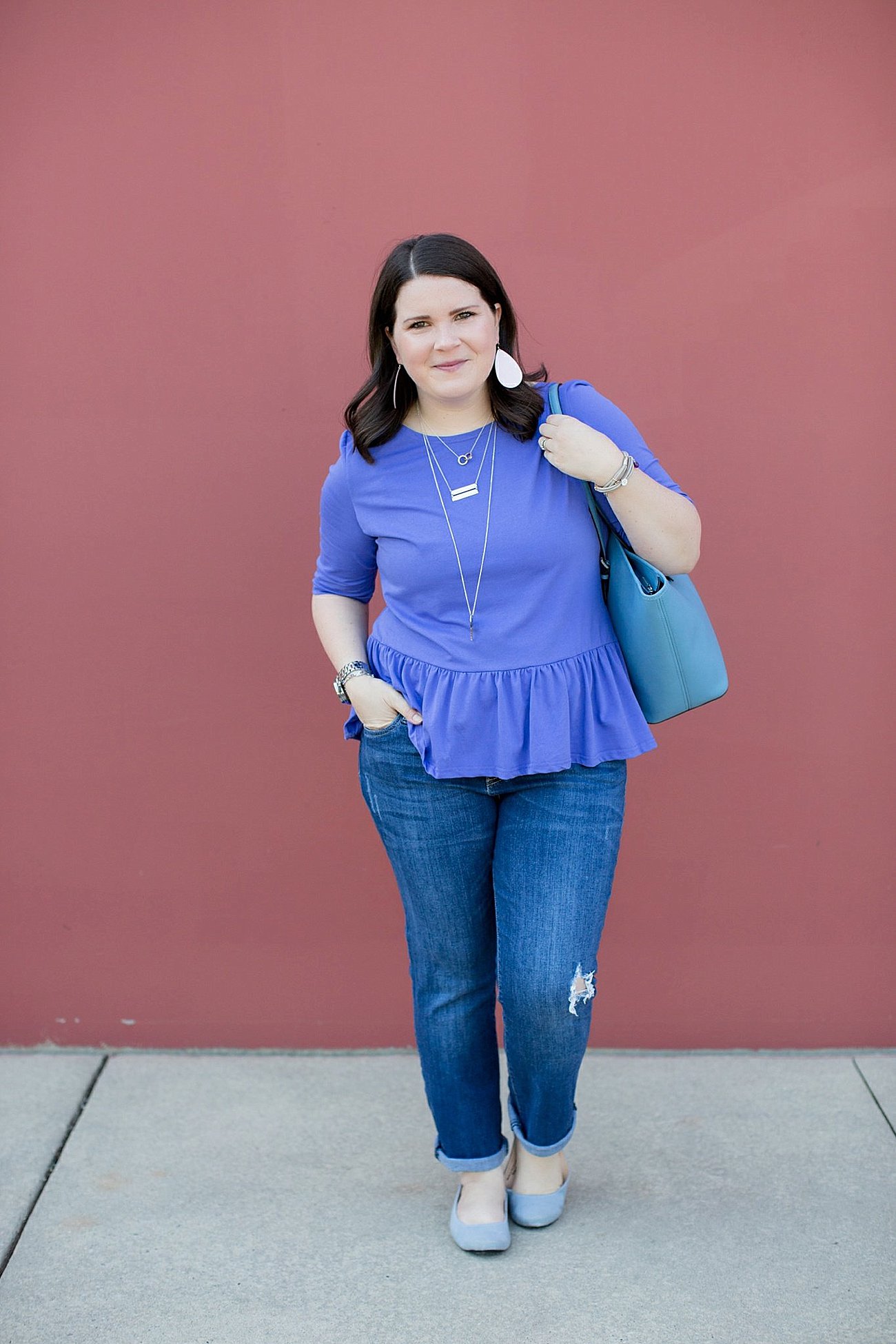 Elegantees Rebecca Top, The Flourish Market, Kut from the Kloth Kate Distressed Boyfriend Jean, The Root Collective Gaby Ballet Flat, Nickel and Suede earrings, Michael Kors tote | Mom Style | North Carolina Fashion & Style Blogger (8) (7)