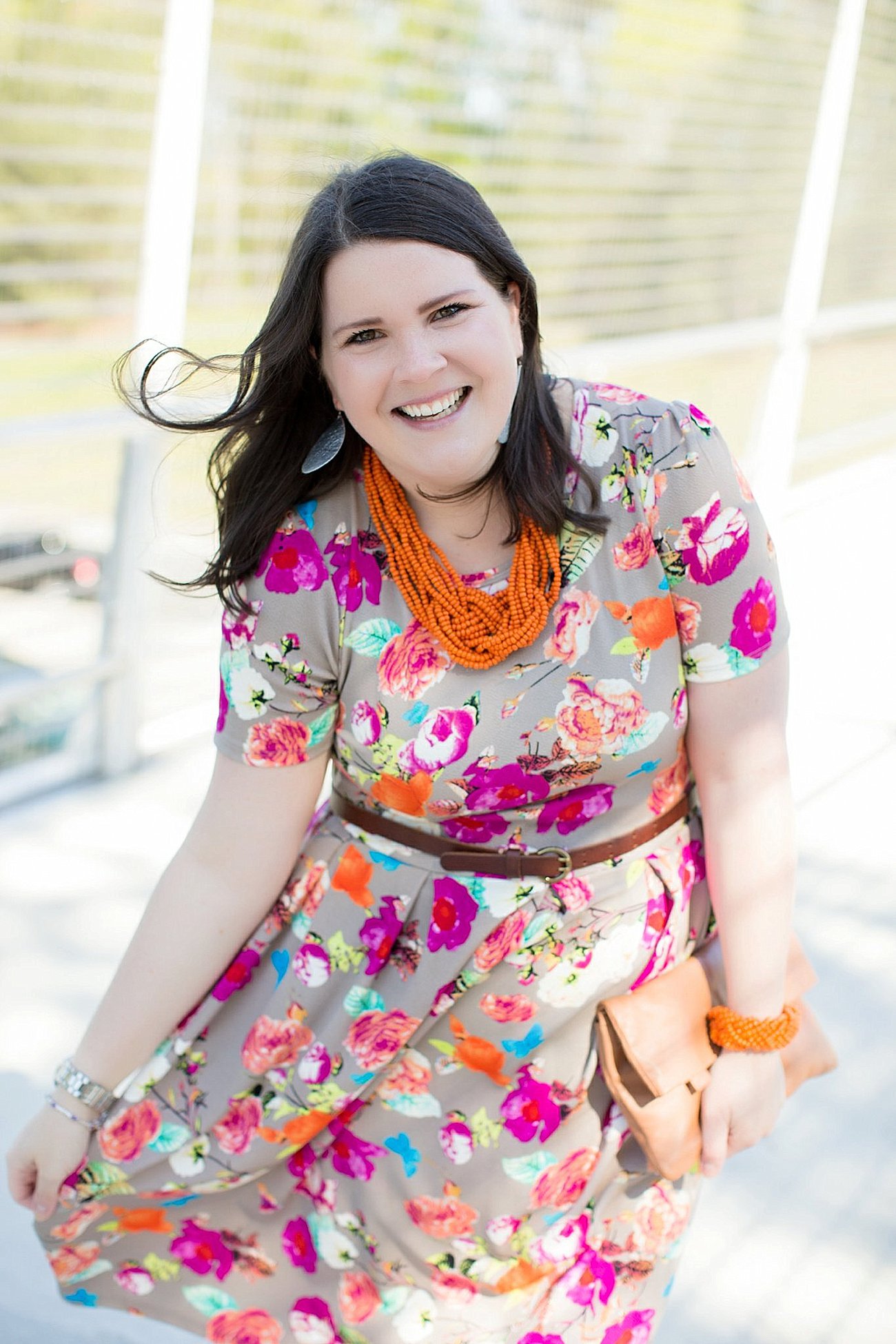 LulaRoe Floral Amelia Dress, The Root Collective Millie Smoking Shoe, Made for Freedom Lily Necklace and Bracelet, Sseko Designs Leather Clutch, Nickel and Suede earrings | Mom Style | North Carolina Fashion & Style Blogger (2)