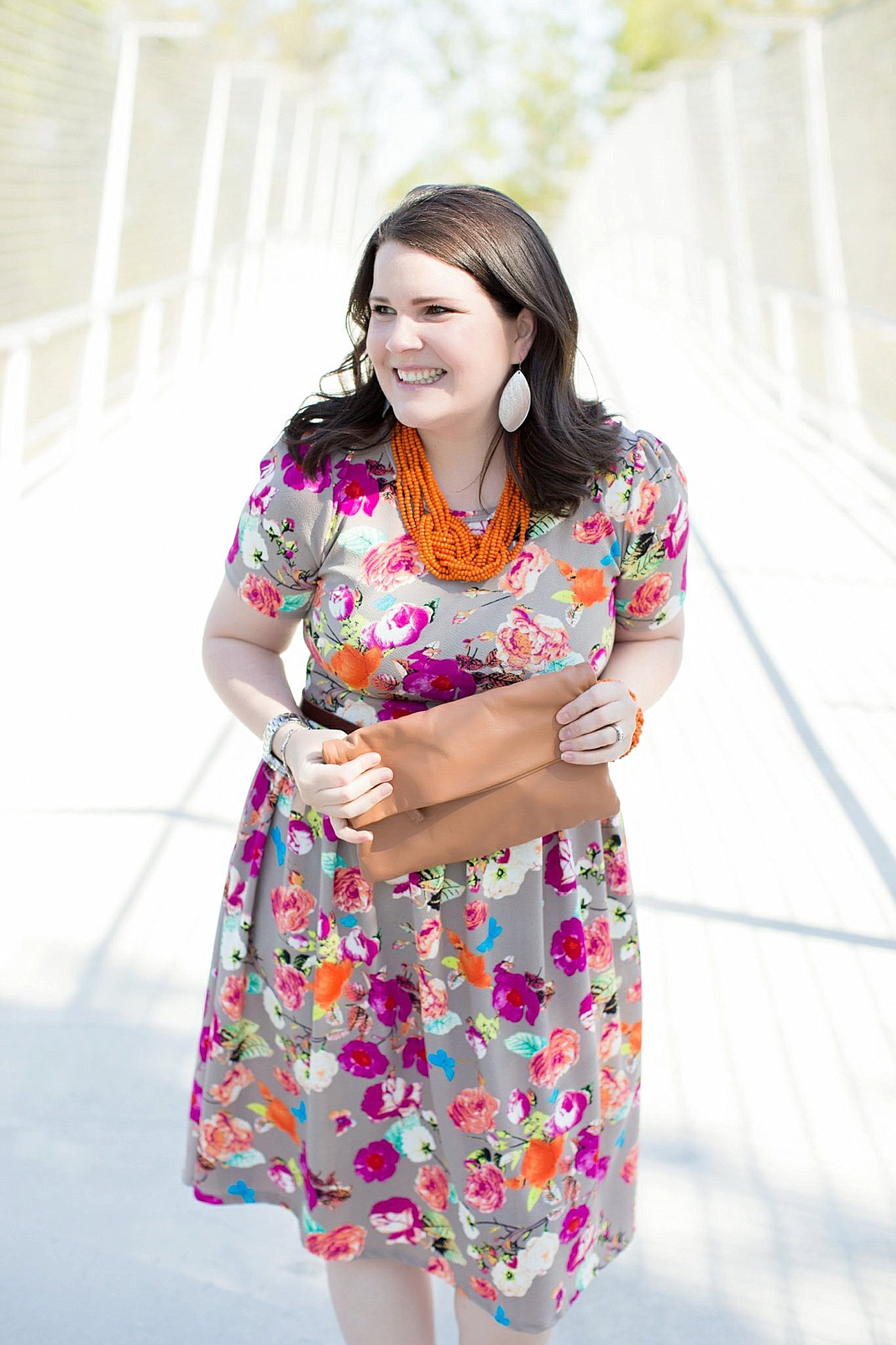 LulaRoe Floral Amelia Dress, The Root Collective Millie Smoking Shoe, Made for Freedom Lily Necklace and Bracelet, Sseko Designs Leather Clutch, Nickel and Suede earrings | Mom Style | North Carolina Fashion & Style Blogger (6)