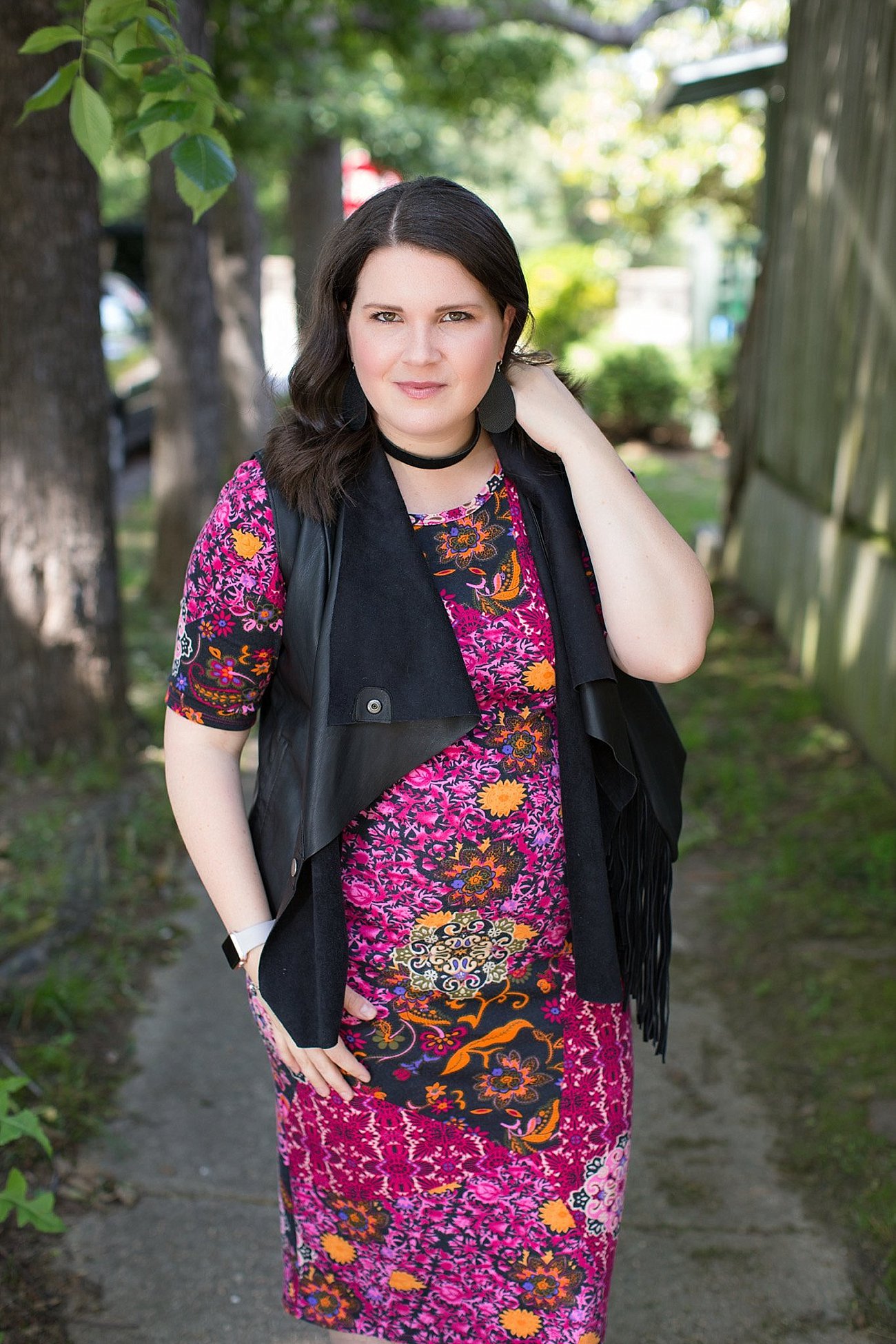 LulaRoe Julia Dress, Stitch Fix Kut From the Kloth Leather Vest, Nickel & Suede Earrings, Nickel & Suede Choker | North Carolina Fashion & Style Blogger (3)