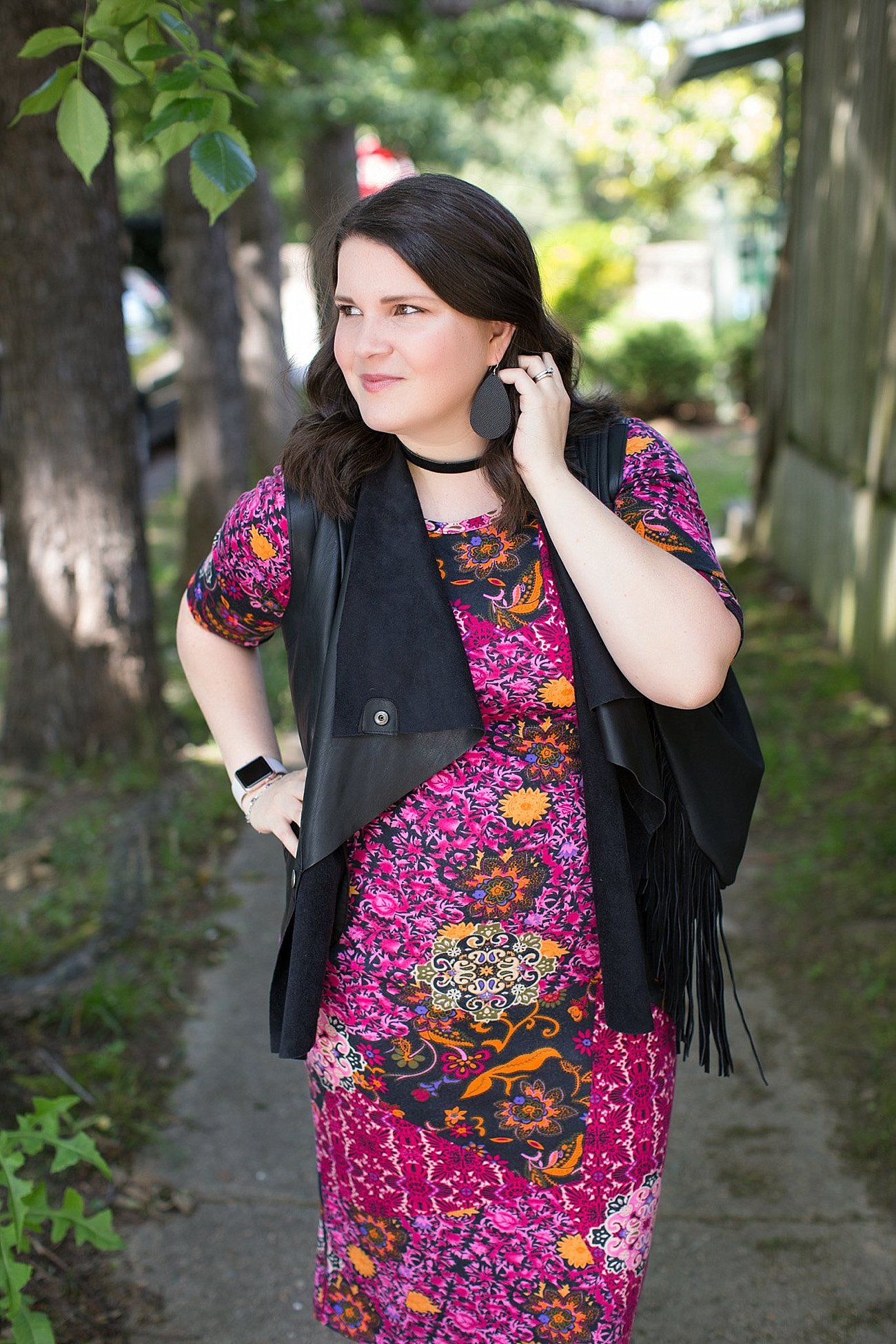 LulaRoe Julia Dress, Stitch Fix Kut From the Kloth Leather Vest, Nickel & Suede Earrings, Nickel & Suede Choker | North Carolina Fashion & Style Blogger (6)