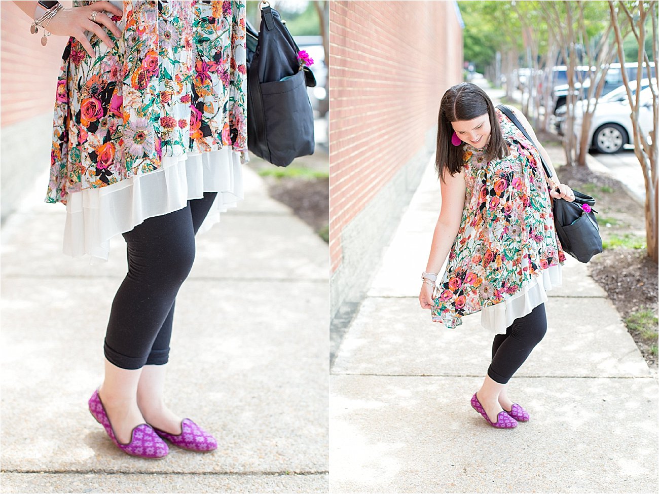 Grace & Lace floral tunic, chiffon lace extender, LulaRoe black leggings, Lily Jade diaper bag, Nickel and Suede earrings, The Root Collective "Millie" smoking shoes | North Carolina Fashion Blogger (5)