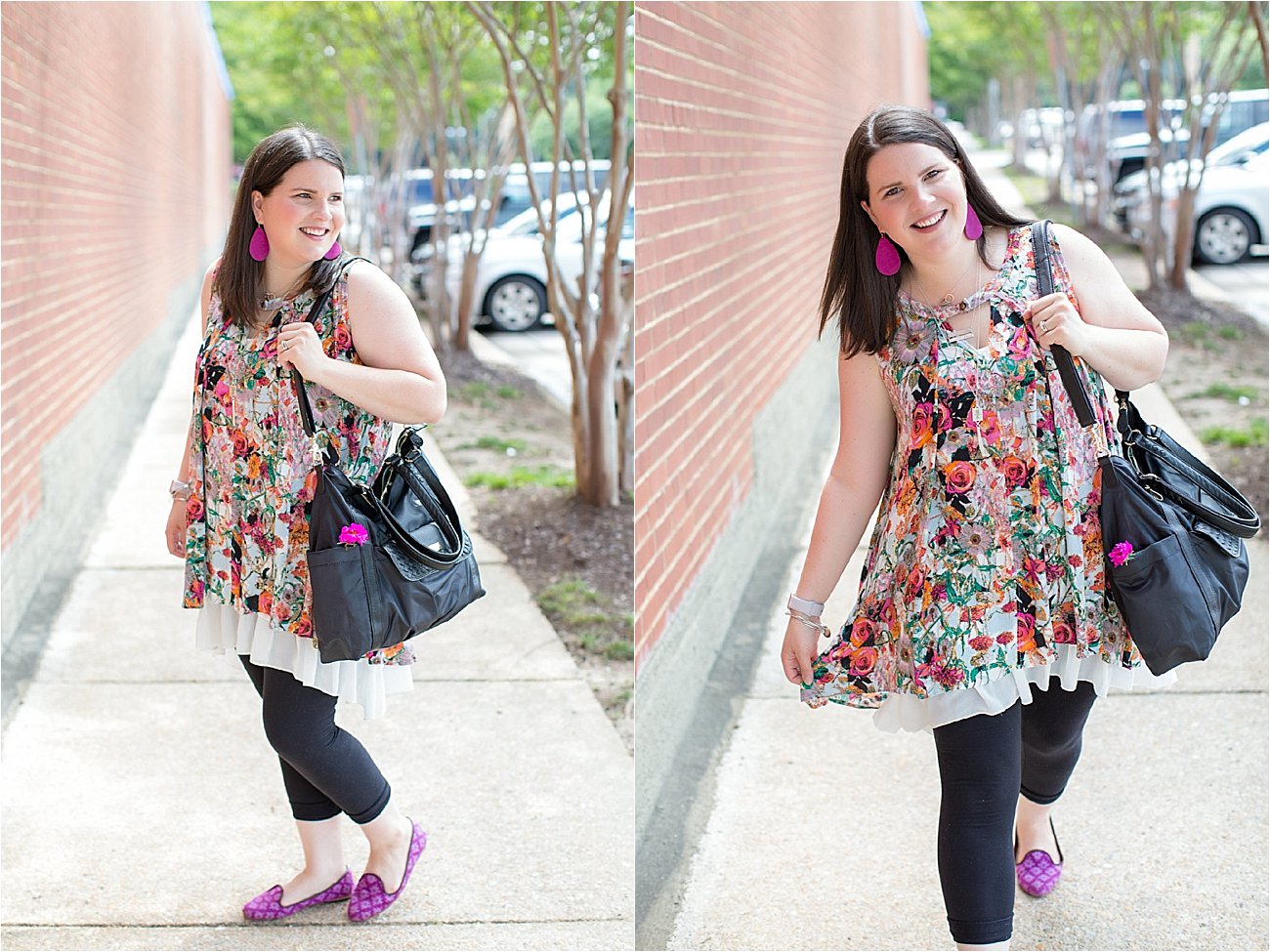 Grace & Lace floral tunic, chiffon lace extender, LulaRoe black leggings, Lily Jade diaper bag, Nickel and Suede earrings, The Root Collective "Millie" smoking shoes | North Carolina Fashion Blogger (6)
