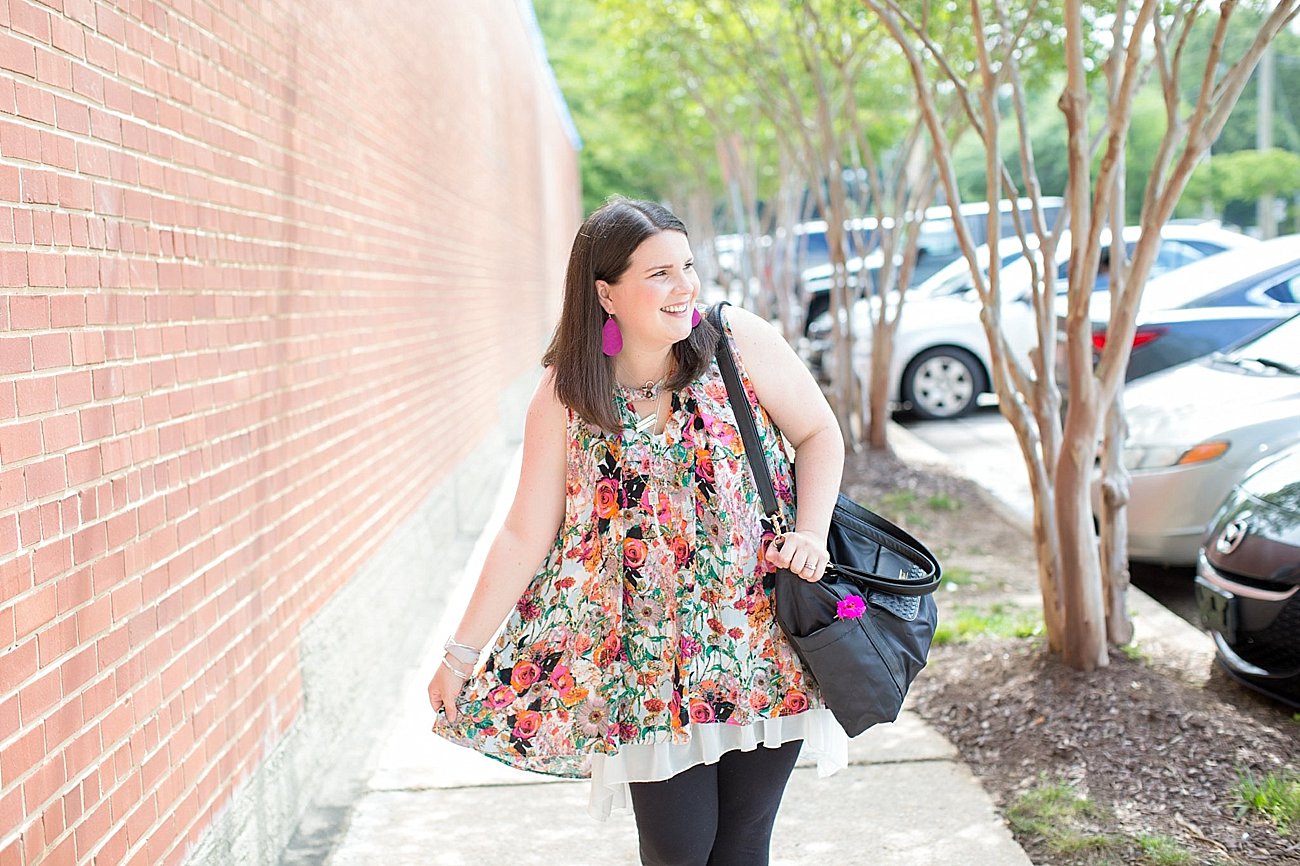Grace & Lace floral tunic, chiffon lace extender, LulaRoe black leggings, Lily Jade diaper bag, Nickel and Suede earrings, The Root Collective "Millie" smoking shoes | North Carolina Fashion Blogger (7)