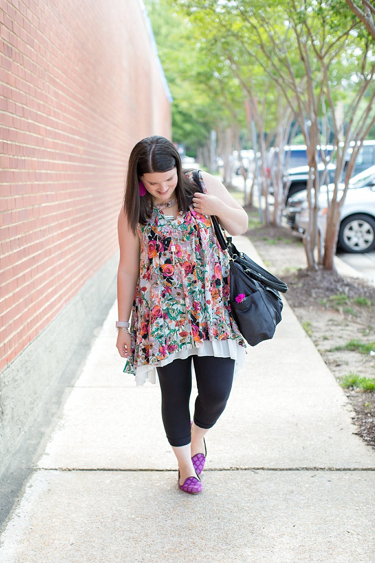 Grace & Lace floral tunic, chiffon lace extender, LulaRoe black leggings, Lily Jade diaper bag, Nickel and Suede earrings, The Root Collective "Millie" smoking shoes | North Carolina Fashion Blogger (8)