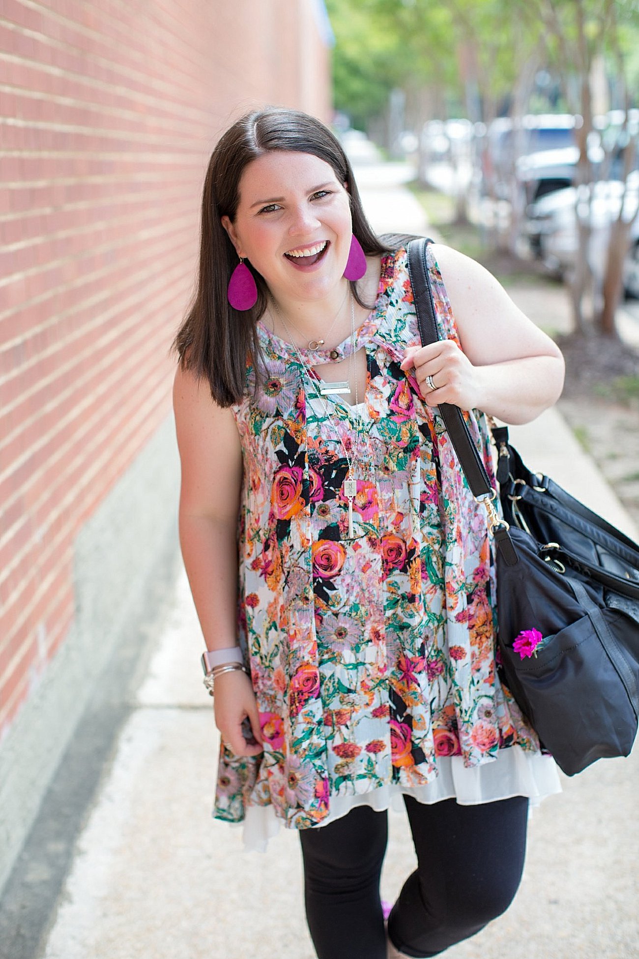 Grace & Lace floral tunic, chiffon lace extender, LulaRoe black leggings, Lily Jade diaper bag, Nickel and Suede earrings, The Root Collective "Millie" smoking shoes | North Carolina Fashion Blogger (9)