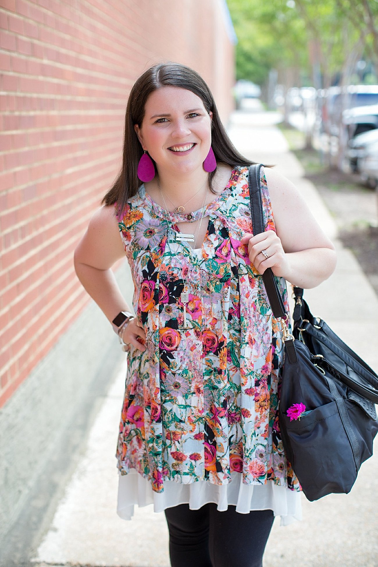 Grace & Lace floral tunic, chiffon lace extender, LulaRoe black leggings, Lily Jade diaper bag, Nickel and Suede earrings, The Root Collective "Millie" smoking shoes | North Carolina Fashion Blogger (11)