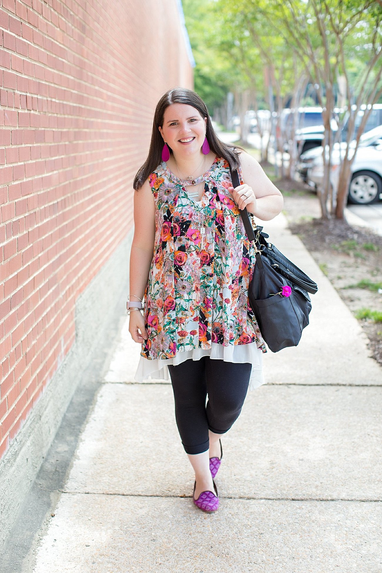 Grace & Lace floral tunic, chiffon lace extender, LulaRoe black leggings, Lily Jade diaper bag, Nickel and Suede earrings, The Root Collective "Millie" smoking shoes | North Carolina Fashion Blogger (12)