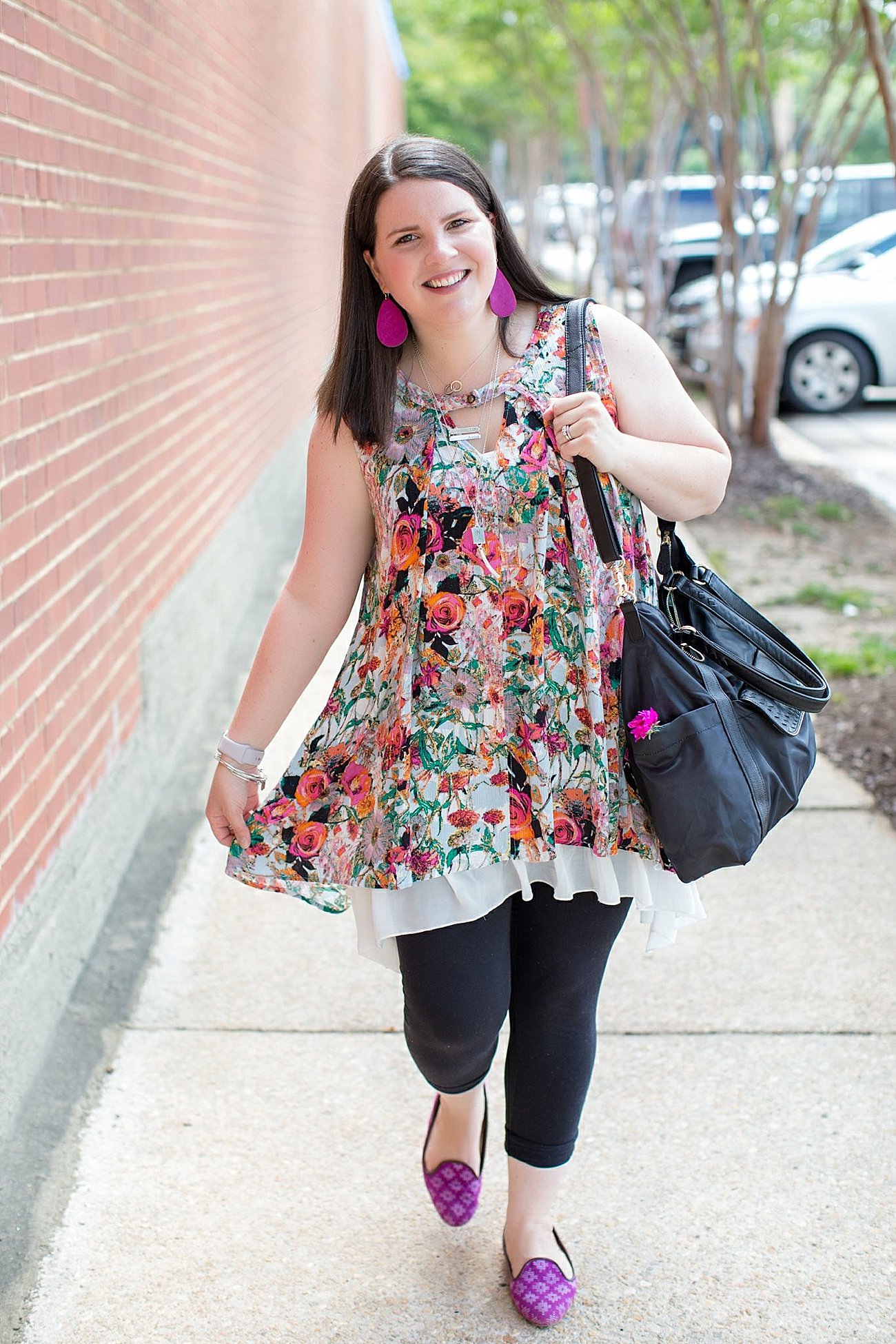 Grace & Lace floral tunic, chiffon lace extender, LulaRoe black leggings, Lily Jade diaper bag, Nickel and Suede earrings, The Root Collective "Millie" smoking shoes | North Carolina Fashion Blogger (13)