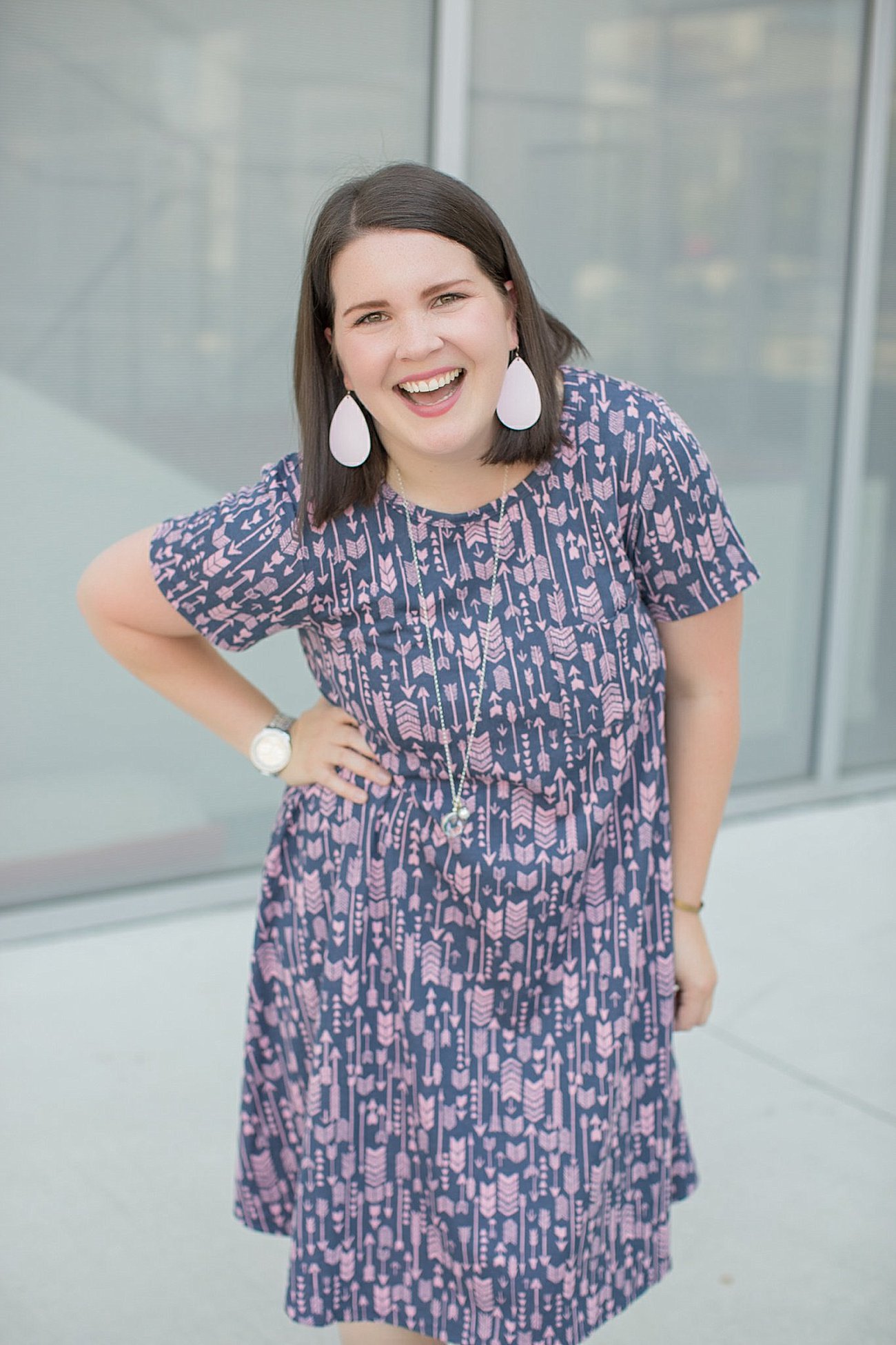 LulaRoe arrow print Carly Dress, Root Collective shoes, Journey Lockets necklace (10)