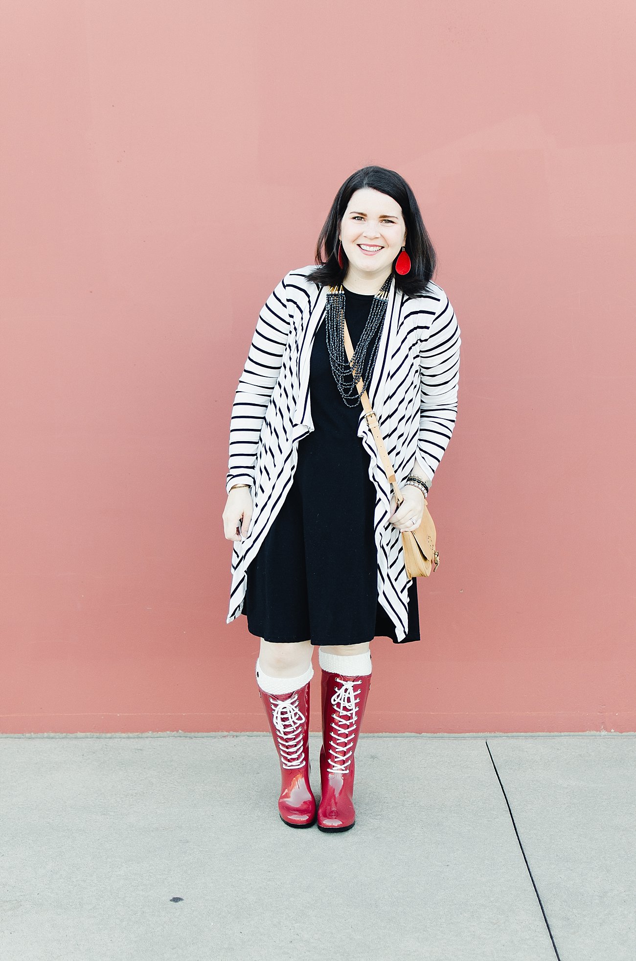 Roma Boots, LulaRoe Carly dress, Pinkblush Cardigan, Nickel and Suede Earrings, Noonday Collection exploration bag, Noonday Collection midnight necklace (2)