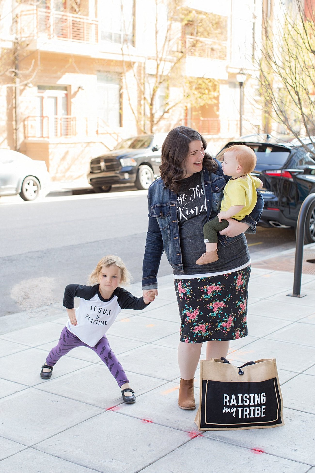 Raise them Kind graphic tee, Agnes & Dora pencil skirt, Denim jacket, Root Collective espe booties, Raising My Tribe beach tote by Little Adi Co. - mommy and me - ethical lifestyle blogger (2)
