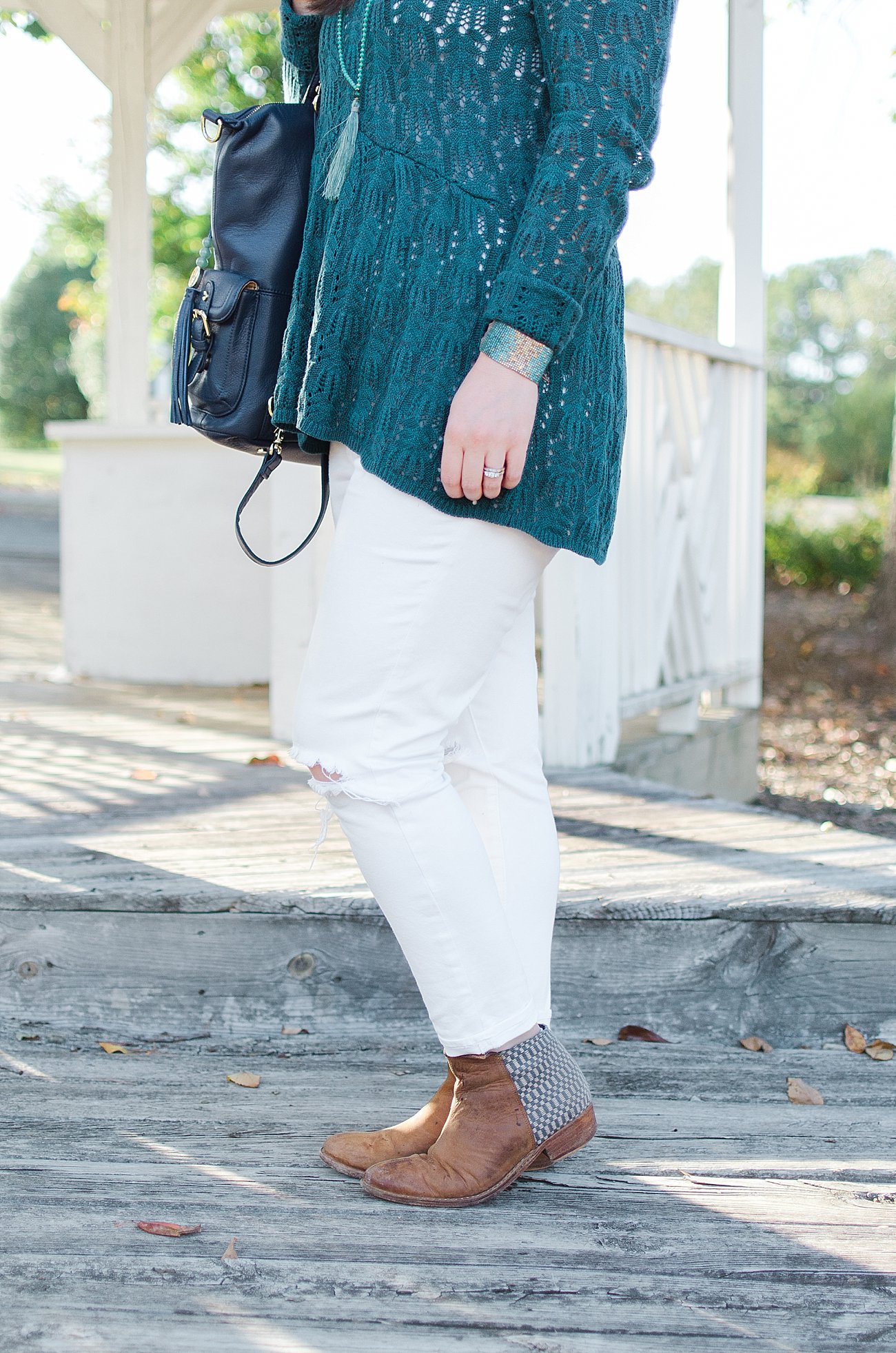 Ethical Fashion Blogger - Grace & Lace Peplum Sweater, Distressed White Jeans, Lily Jade diaper bag, Marquet Fair Trade Jewelry, The Root Collective Espe Booties (4) - Cultivating an Attitude of Gratitude by North Carolina lifestyle blogger Still Being Molly