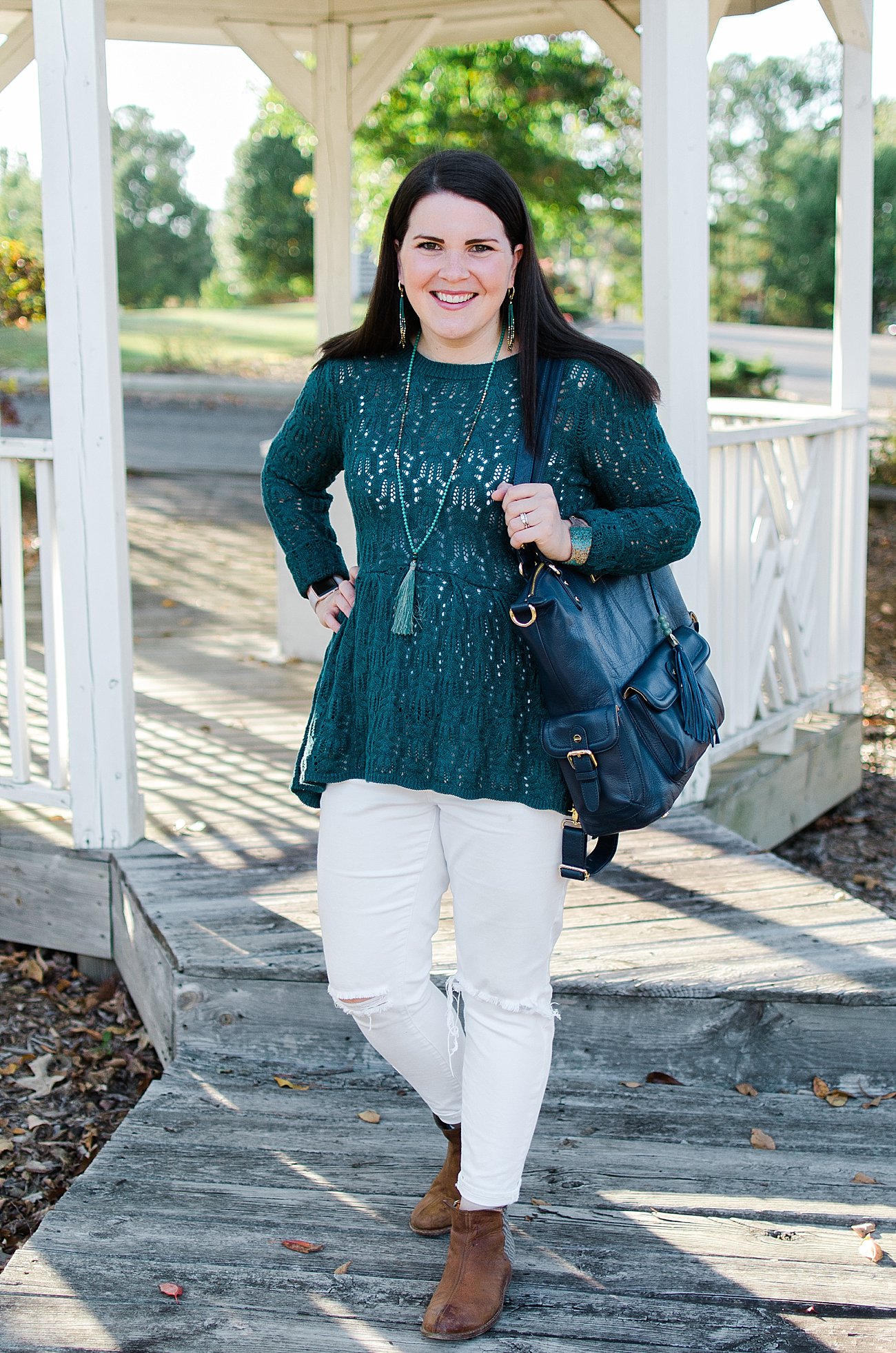 Ethical Fashion Blogger - Grace & Lace Peplum Sweater, Distressed White Jeans, Lily Jade diaper bag, Marquet Fair Trade Jewelry, The Root Collective Espe Booties (11) - Cultivating an Attitude of Gratitude by North Carolina lifestyle blogger Still Being Molly