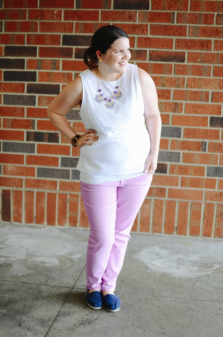 lavender / pink jeans, white eyelet blouse