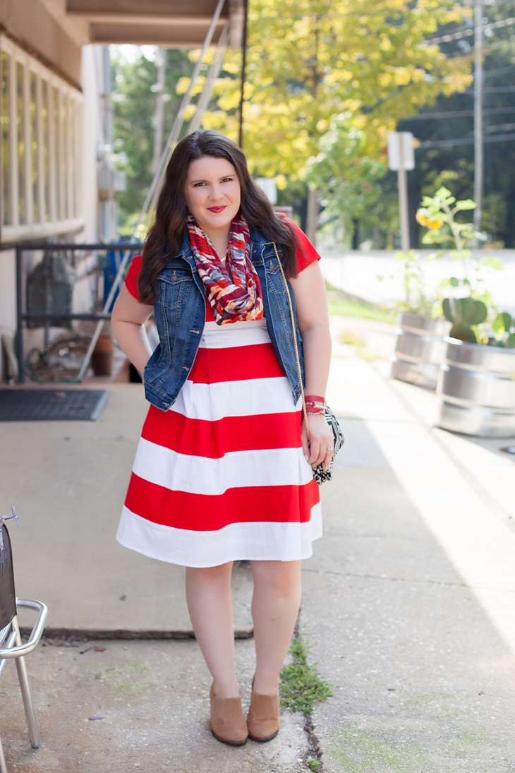 Red and white striped awning dress from Eshakti, denim jean vest, World Market scarf