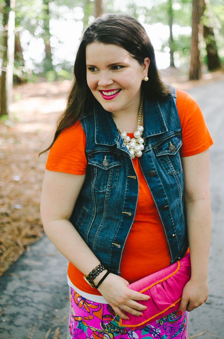 @LillyPulitzer Beale Maxi Skirt in Sea and Be Seen, @OldNavy Denim Vest, @Jcrew t-shirt, @target pearl statement necklace