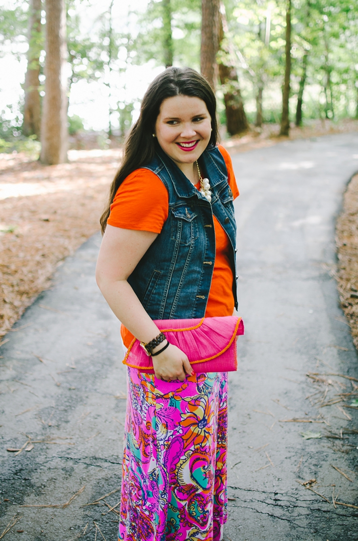 @LillyPulitzer Beale Maxi Skirt in Sea and Be Seen, @OldNavy Denim Vest, @Jcrew t-shirt, @target pearl statement necklace