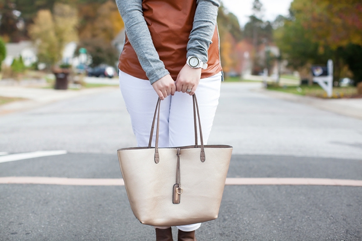 White Plum leather front sweater, white denim, brown booties | fall fashion (3)