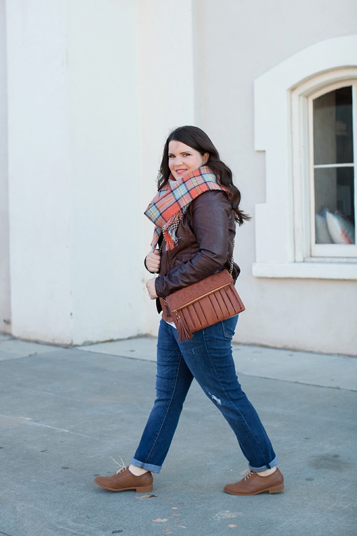 Winter / Fall style | Kut from the Kloth boyfriend jeans, leather moto jacket, leather top, blanket scarf, loafers | North Carolina Fashion Blogger (1)