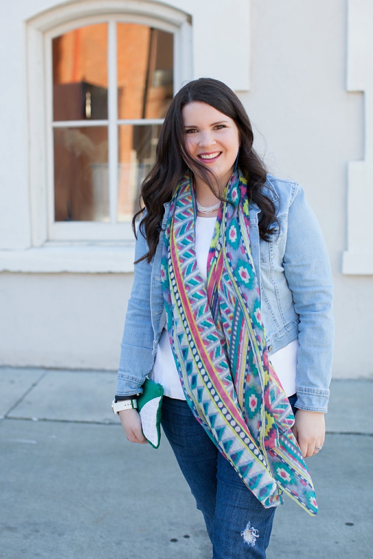 Winter / Fall style | denim jacket, skinny jeans, aztec scarf, Root Collective clutch and ballet flats, Root Collective necklace, white peplum top | North Carolina Fashion Blogger (5)