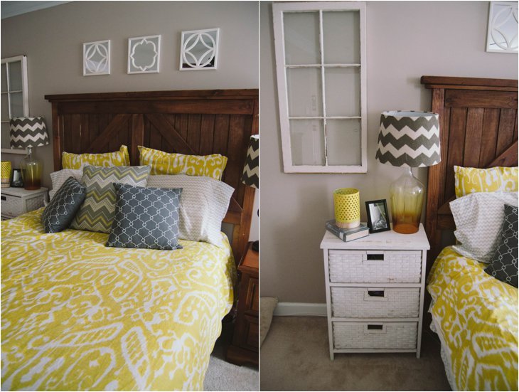 Home Decor | Our Master Bedroom | DIY Barn Door Headboard, Yellow and Gray Chevron and Ikat bedding and pillow