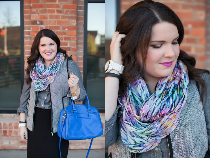 Winter / Fall style | black maxi skirt, herringbone vest, chambray shirt, blue bag, infinity scarf | North Carolina Fashion Blogger (2)